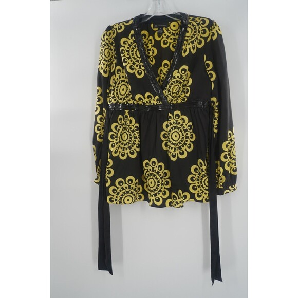 INC International Concepts Black Yellow 100% Silk Sequin V-Neck Blouse Size 8 - Picture 3 of 12